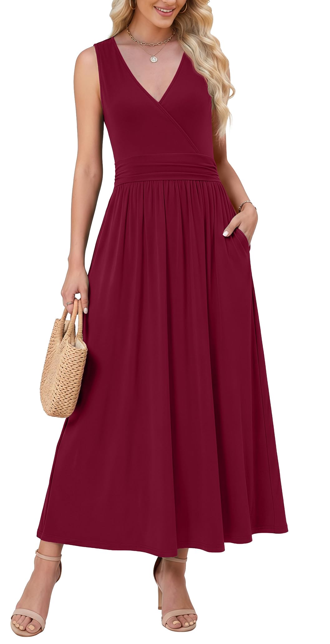 WEACZZY Women's Maxi Dress Sleeveless V Neck Sundress Cocktail Long Dresses with Pockets