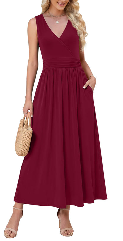 WEACZZY Women's Maxi Dress Sleeveless V Neck Sundress Cocktail Long Dresses with Pockets