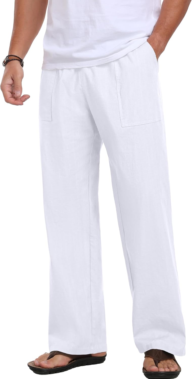 Sailwind Men's Casual Linen Pants Beach Summer Loose Fit Elastic Waist Drawstring Pants Lightweight Linen Trousers