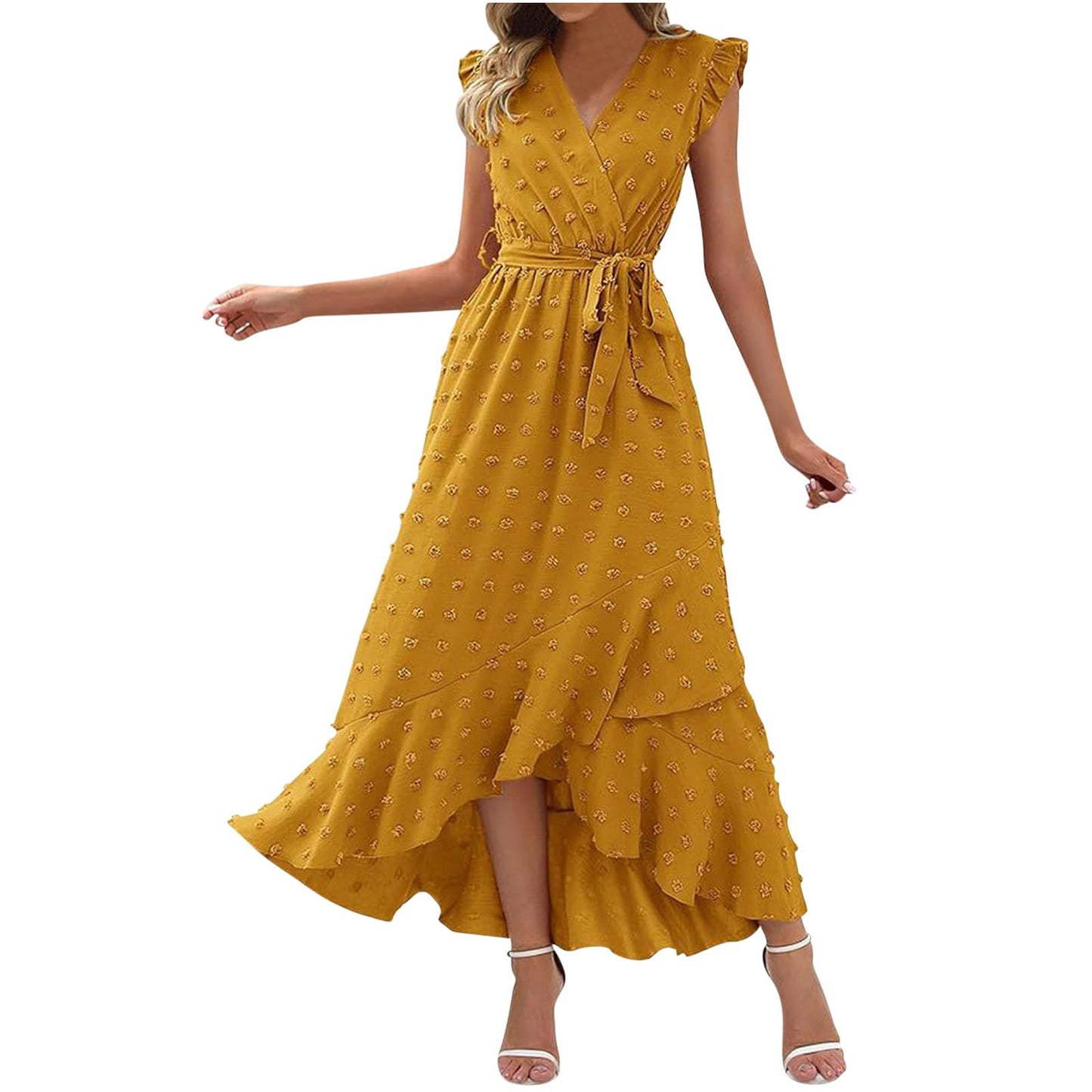 Women's Swiss Dot Dress Criss Cross V Neck Ruffle Wrap Dress Sleeveless Side Split Swing Flowy Long Maxi Dresses