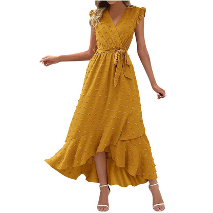 Women's Swiss Dot Dress Criss Cross V Neck Ruffle Wrap Dress Sleeveless Side Split Swing Flowy Long Maxi Dresses
