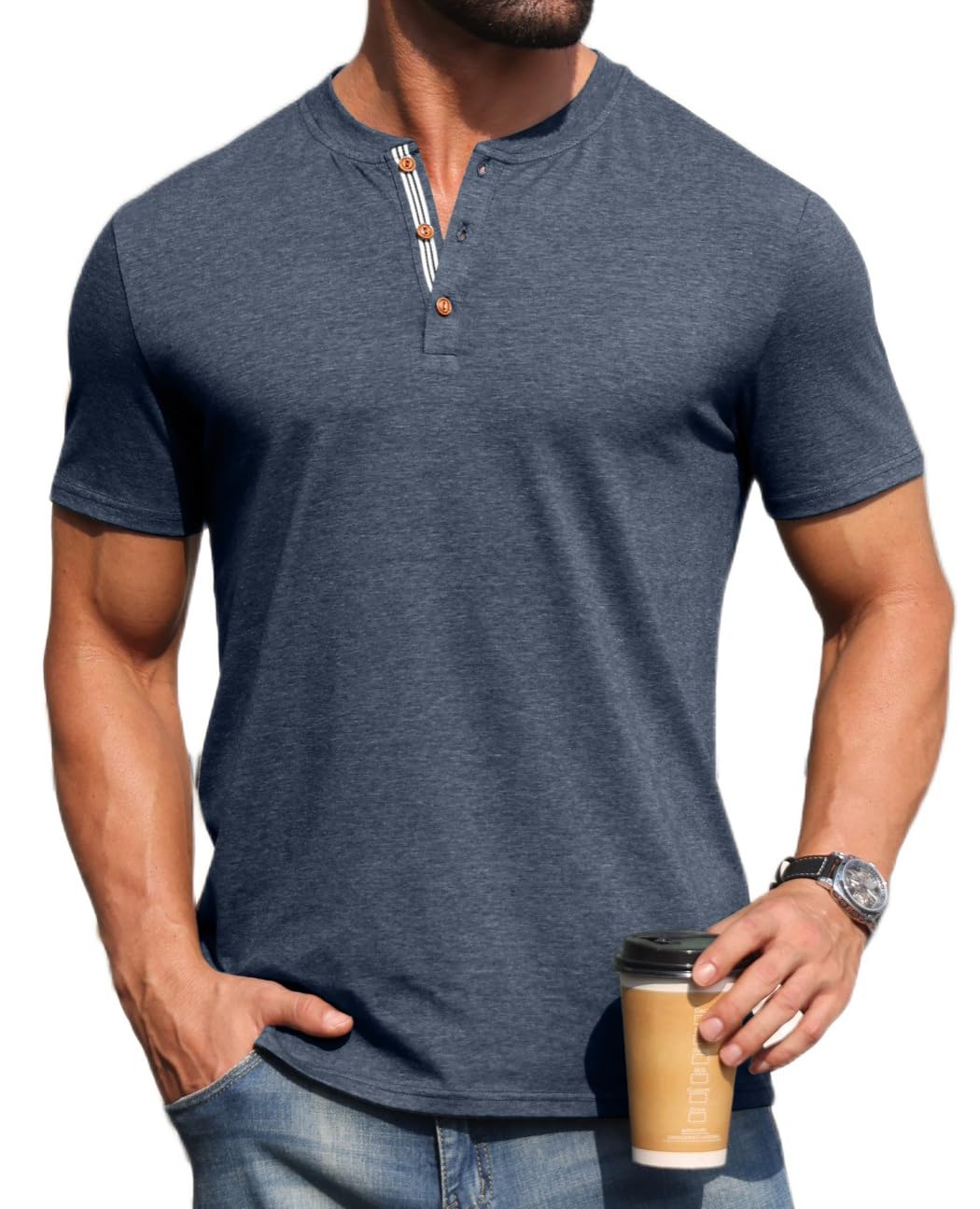 Sailwind Mens Henley Cotton Shirts Casual Short Sleeve Lightweight Button T-Shirts Summer Basic Tee