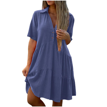 Women's Pleated Flowy T Shirt Dresses Plus Size V Neck Button Up Short Sleeve Midi Dress Loose Fit Tiered Sundress