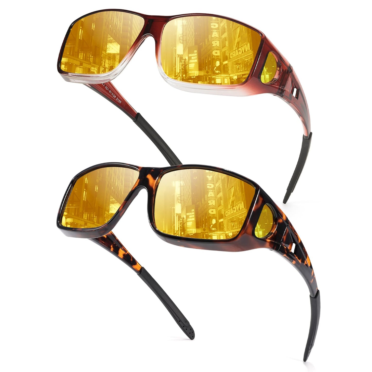 TJUTR 2 Pack Night Vision Driving Glasses Fit Over Eyeglasses for Men Women, Anti Glare Polarized Night Time Yellow Lens
