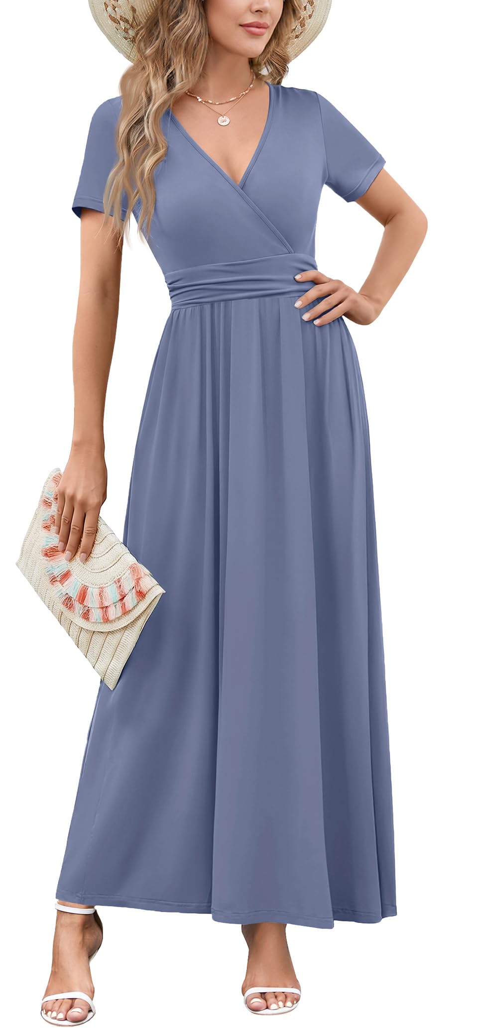 WEACZZY 2026 Summer Long Dresses for Women Wrap Empire Pleated Waist V Neck Short Sleeve Elegant Maxi Dress with Pockets