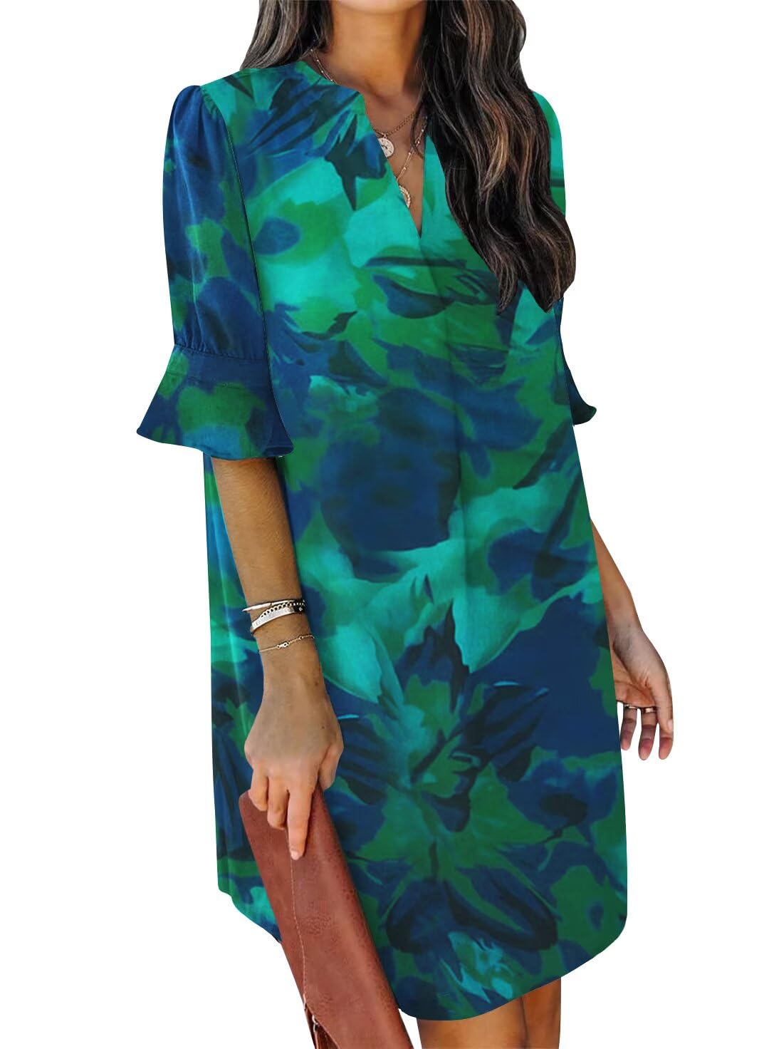 QACOHU Summer Dresses for Women V Neck Ruffle Short Sleeve Casual Shift Dress