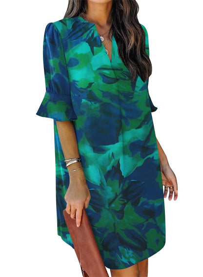 QACOHU Summer Dresses for Women V Neck Ruffle Short Sleeve Casual Shift Dress