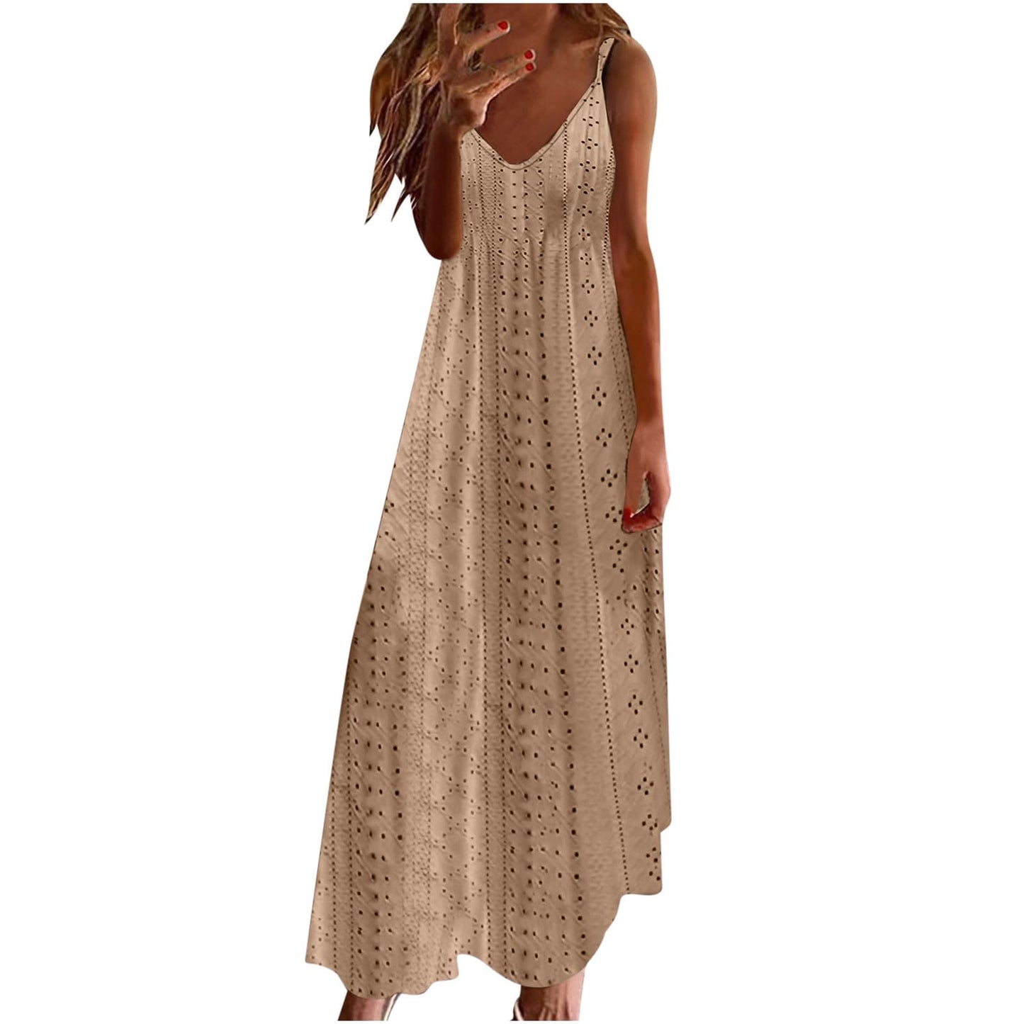 Women Strap Summer Dress Eyelet V Neck Spaghetti Midi Dresses Casual Solid A-Line Flowy Sundress Beach