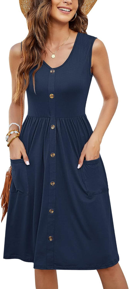 MOLERANI Women Summer Dresses Sleeveless Casual Loose Swing Button Down Midi Dress with Pockets