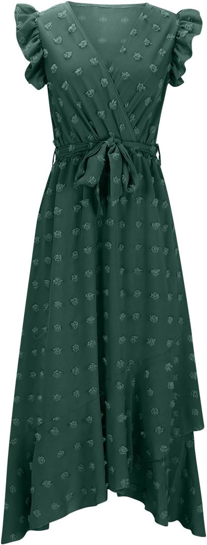 Women's Swiss Dot Dress Criss Cross V Neck Ruffle Wrap Dress Sleeveless Side Split Swing Flowy Long Maxi Dresses