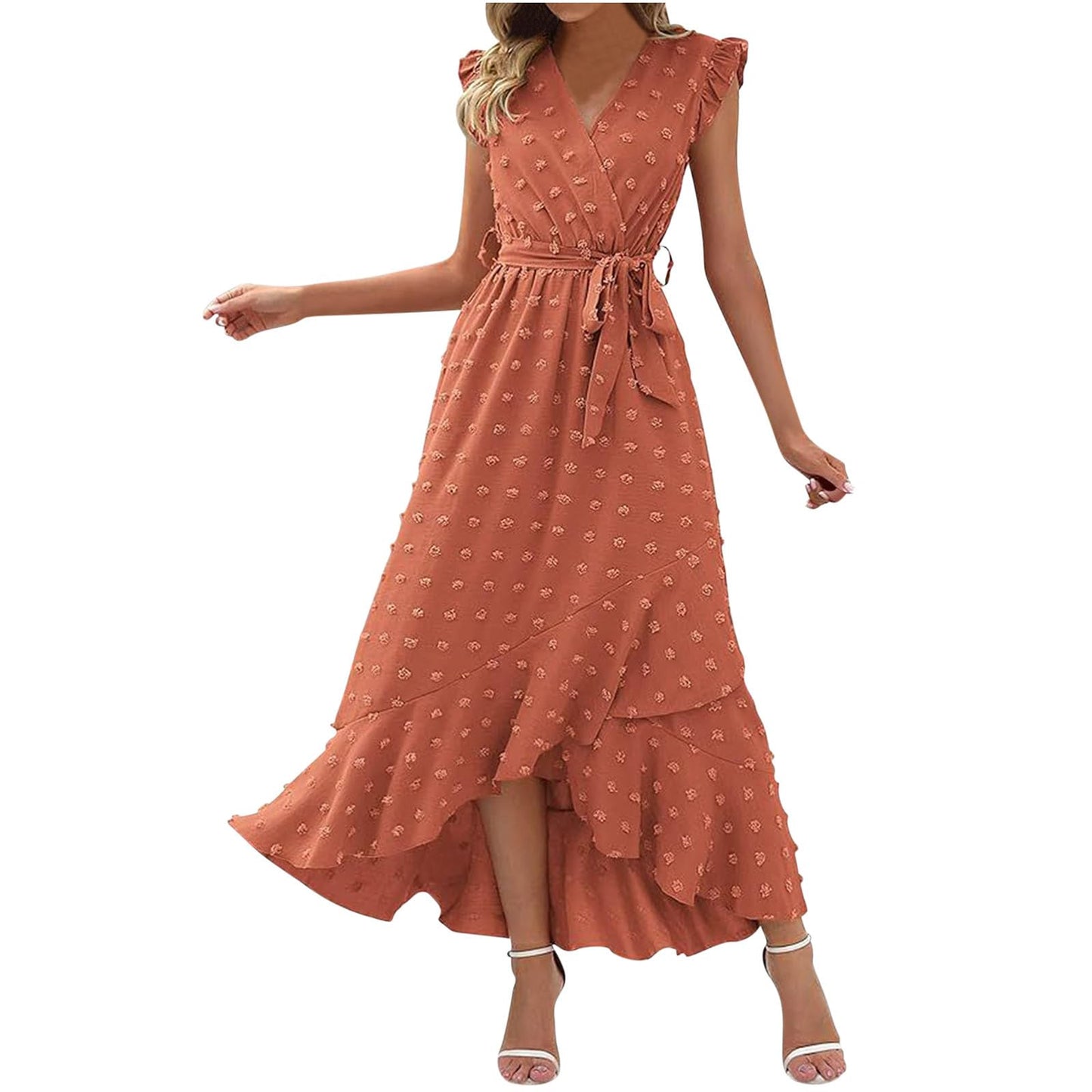 Women's Swiss Dot Dress Criss Cross V Neck Ruffle Wrap Dress Sleeveless Side Split Swing Flowy Long Maxi Dresses