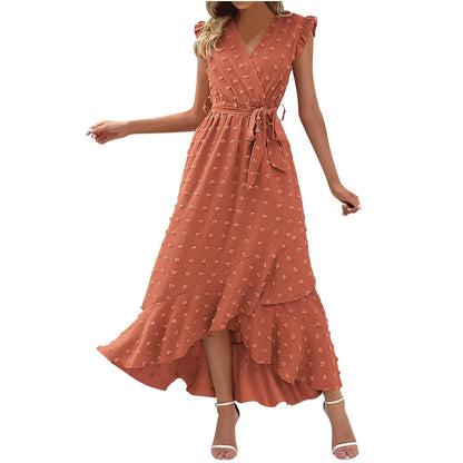 Women's Swiss Dot Dress Criss Cross V Neck Ruffle Wrap Dress Sleeveless Side Split Swing Flowy Long Maxi Dresses