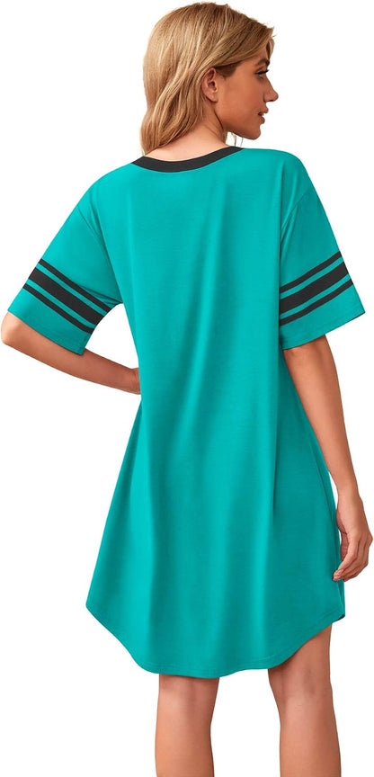 WEACZZY Women's Sleep Shirt Short Sleeve Nightgown Loose Fit Breathable | Crew Neck, Soft Polyester Blend Sleepwear, Solid Colors Floral Prints, Pajama Dress, Loungewear, House Casual Daily Wear