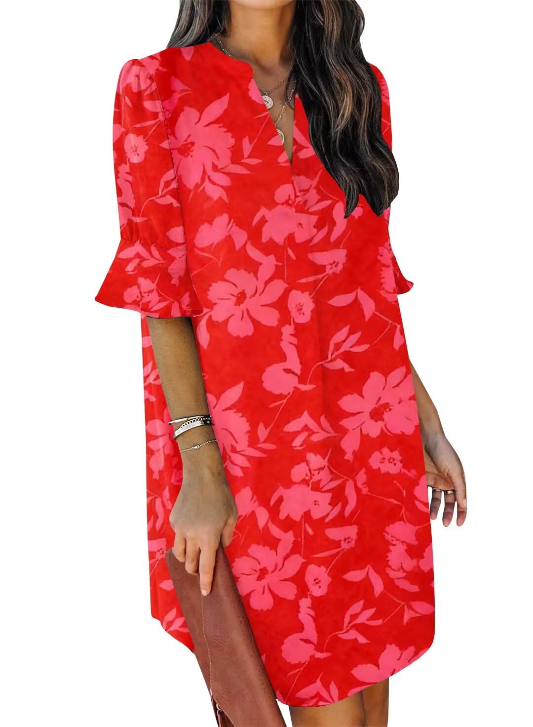 QACOHU Summer Dresses for Women V Neck Ruffle Short Sleeve Casual Shift Dress