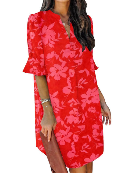 QACOHU Summer Dresses for Women V Neck Ruffle Short Sleeve Casual Shift Dress