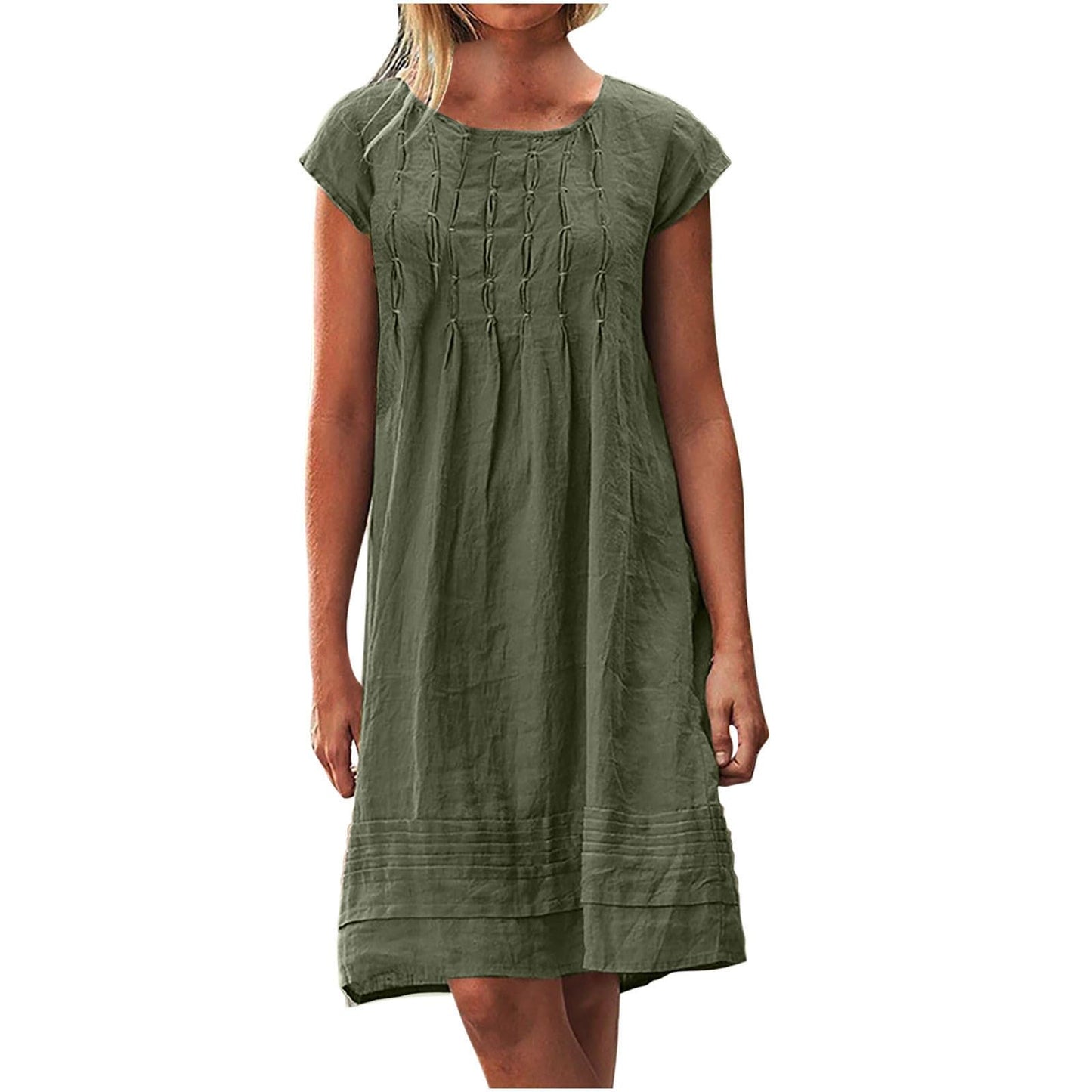 Cotton Linen Dress for Women Plus Size Pleated Dresses Casual Round Neck Short Sleeve Sundress Beach Vacation Dress