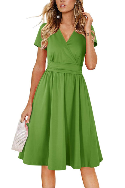 Newshows Womens Summer Short Sleeve Casual Dresses V Neck Floral Vacation Sundress Faux Wrap Midi Dress with Pockets