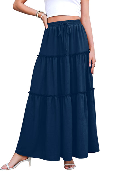 WEACZZY Womens Casual High Waisted Maxi Skirts with Pockets Flowy Boho Tiered Pleated Skirt for Spring Summer Travel Vacation