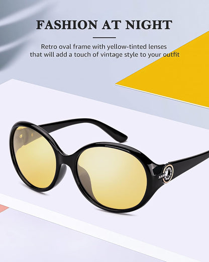 TJUTR Night Driving Glasses for Women, Polarized Yellow Tint Night Vision Lens, Night Time Anti-glare Big Glasses TN6824