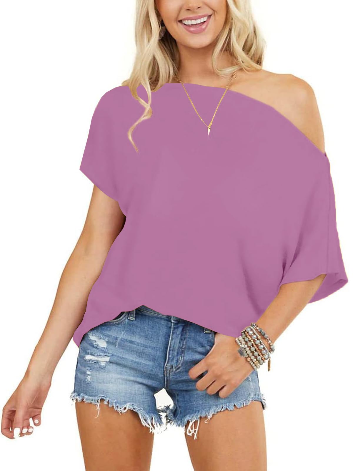 Off the Shoulder Tops for Women Short Sleeve Batwing Shirts Oversized Tee Tunic Summer Casual Loose Fit
