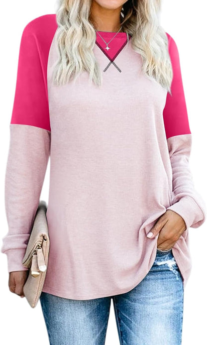 YEXIPO Womens Long Sleeve Shirts Casual Loose Fit Crew Neck Color Block Fall Fashion 2024 Tunic Tops
