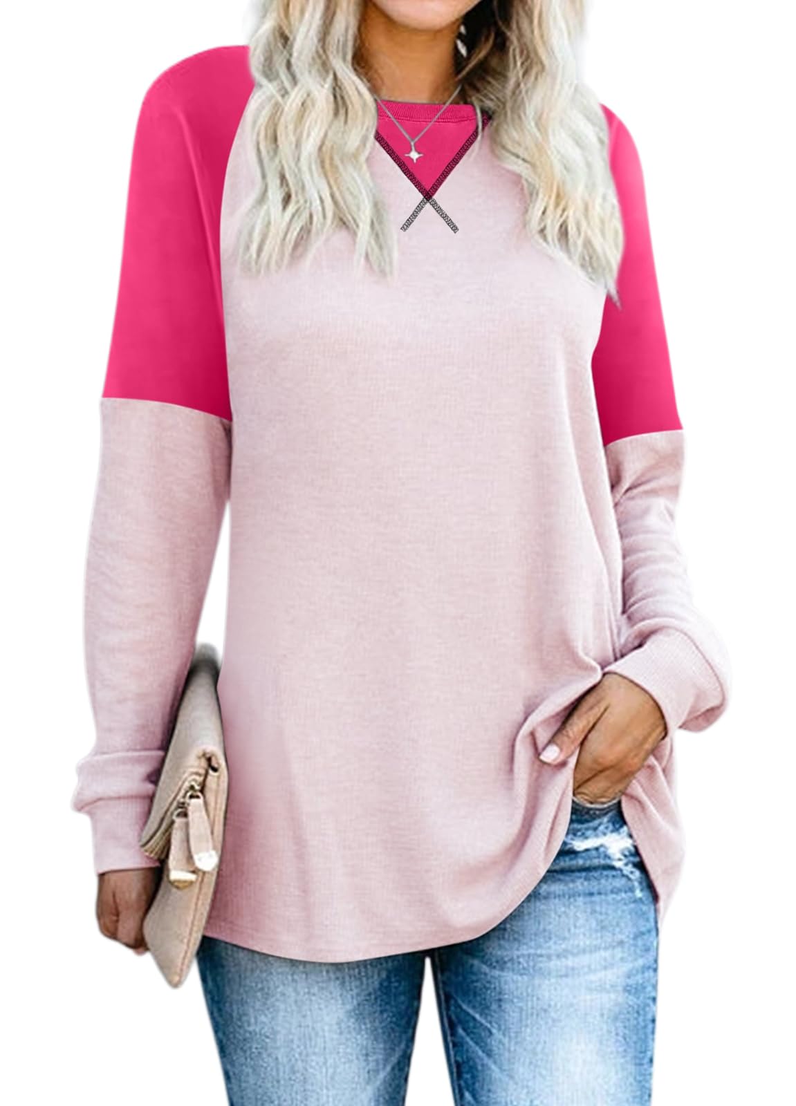 YEXIPO Womens Long Sleeve Shirts Casual Loose Fit Crew Neck Color Block Fall Fashion 2024 Tunic Tops
