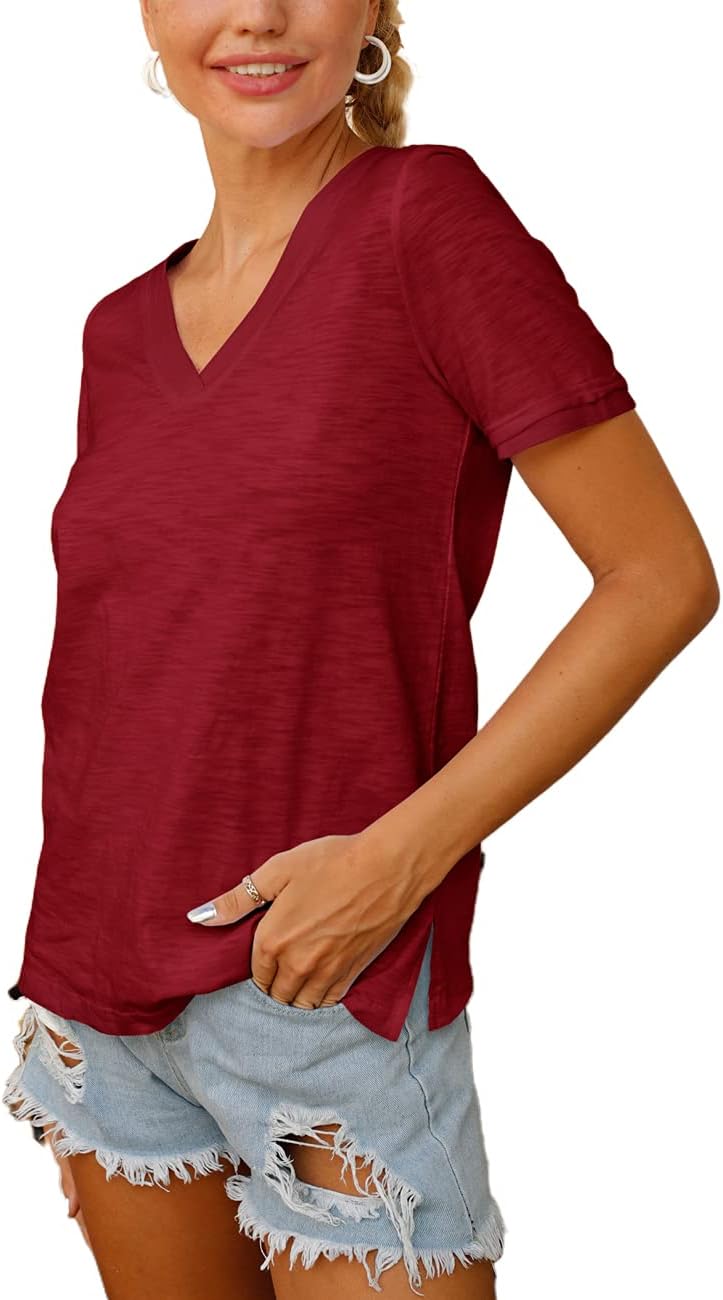 YEXIPO Womens V Neck Tshirts Summer Tops Short Sleeve Loose Casual Side Slit Basic Tshirt Tees