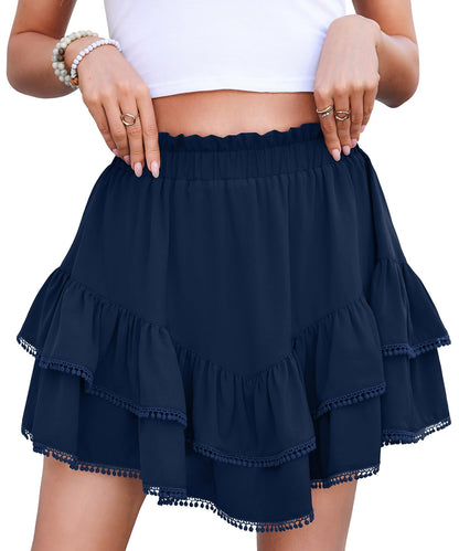 WEACZZY Women's Casual Skorts Spring Summer Trendy Ruffle High Waisted Layered Mini Skirt with Crochet Hem, Built in Shorts