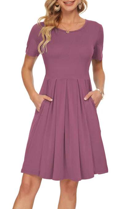 AUSELILY Women's Short Sleeve Summer Dress Pleated Loose Swing Knee Length Dresses with Pockets 2026 New