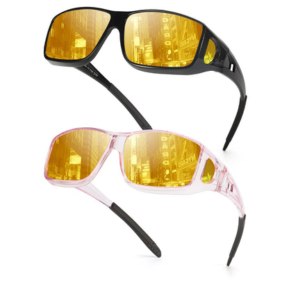 TJUTR 2 Pack Night Vision Driving Glasses Fit Over Eyeglasses for Men Women, Anti Glare Polarized Night Time Yellow Lens