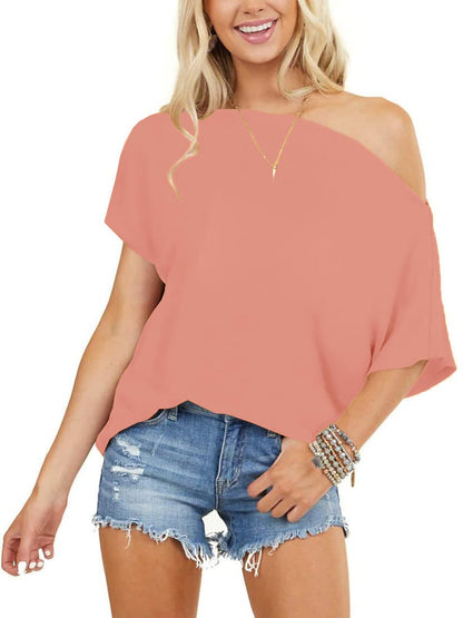 Off the Shoulder Tops for Women Short Sleeve Batwing Shirts Oversized Tee Tunic Summer Casual Loose Fit
