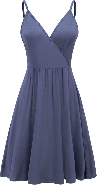 WEACZZY Women's 2026 Summer Dresses V Neck Spaghetti Strap Sundress Casual Beach Flowy Mini Dress with Pockets