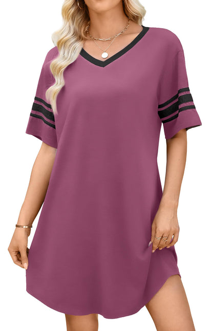 WEACZZY Women's Sleep Shirt Short Sleeve Nightgown Loose Fit Breathable | Crew Neck, Soft Polyester Blend Sleepwear, Solid Colors Floral Prints, Pajama Dress, Loungewear, House Casual Daily Wear