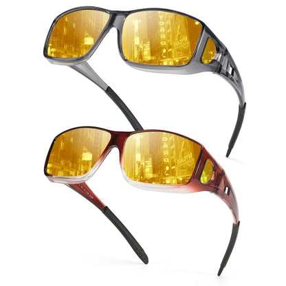 TJUTR 2 Pack Night Vision Driving Glasses Fit Over Eyeglasses for Men Women, Anti Glare Polarized Night Time Yellow Lens