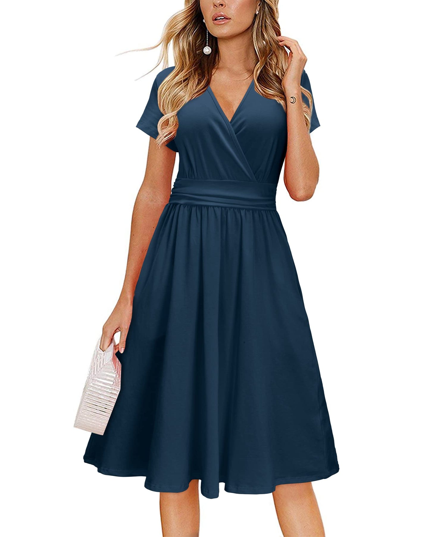 Newshows Womens Summer Short Sleeve Casual Dresses V Neck Floral Vacation Sundress Faux Wrap Midi Dress with Pockets