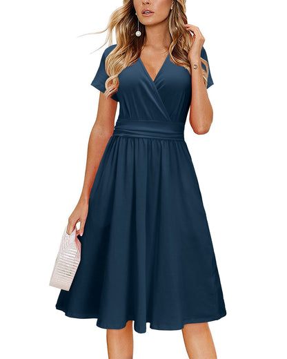 Newshows Womens Summer Short Sleeve Casual Dresses V Neck Floral Vacation Sundress Faux Wrap Midi Dress with Pockets
