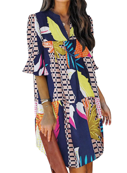 QACOHU Summer Dresses for Women V Neck Ruffle Short Sleeve Casual Shift Dress