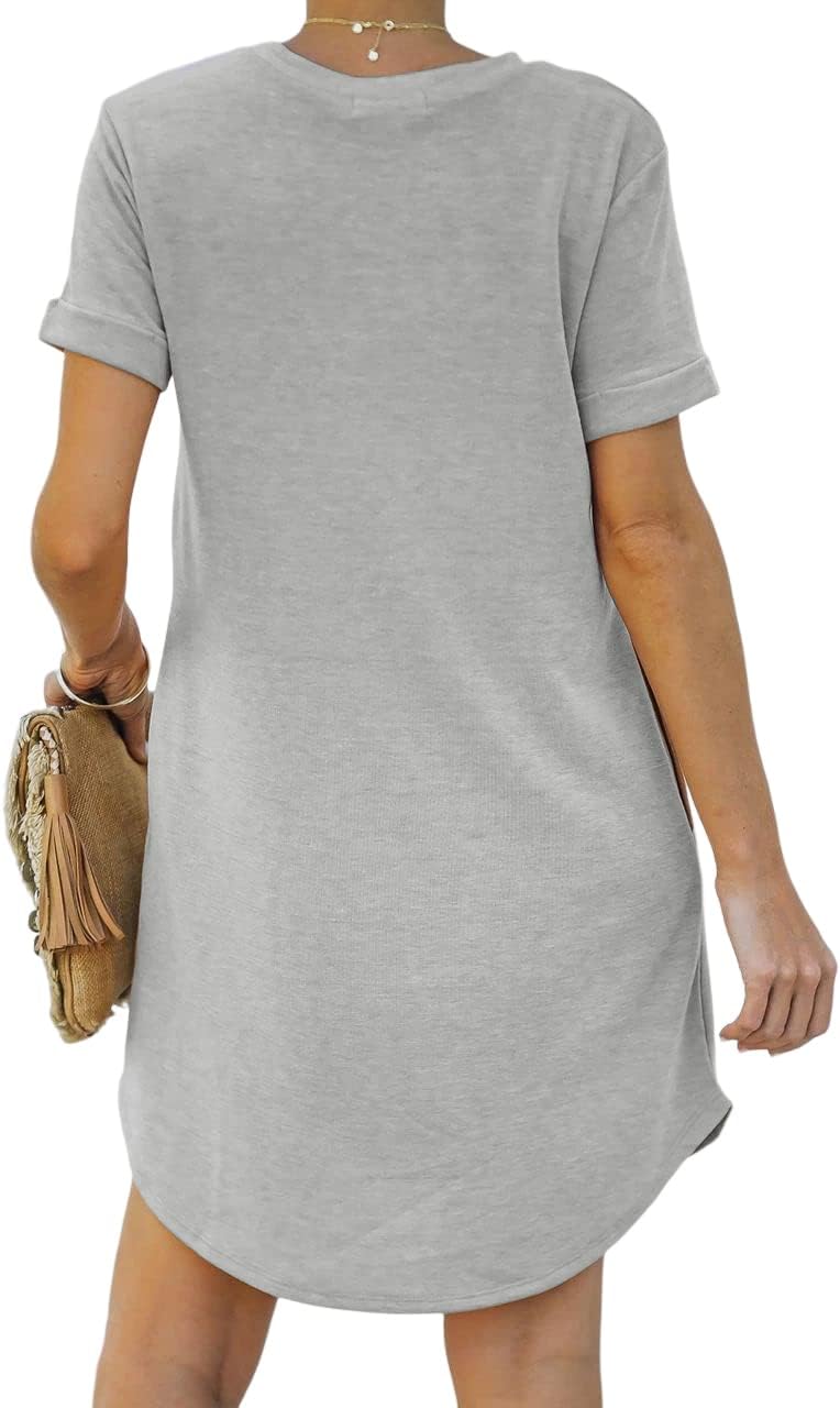 YEXIPO Women's Casual Summer Short Sleeve T Shirt Dress Nightgown Crew Neck Loose Solid Color Basic Dresses with Pockets
