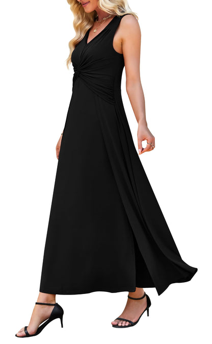 WEACZZY Women's Formal Maxi Dress Sleeveless Pleated Cocktail Evening Gown | Deep V-neck, Slimming, Flowing, Elegant, Double Splits, Lightweight Stretch, Polyester Blend, Does Not Show Through