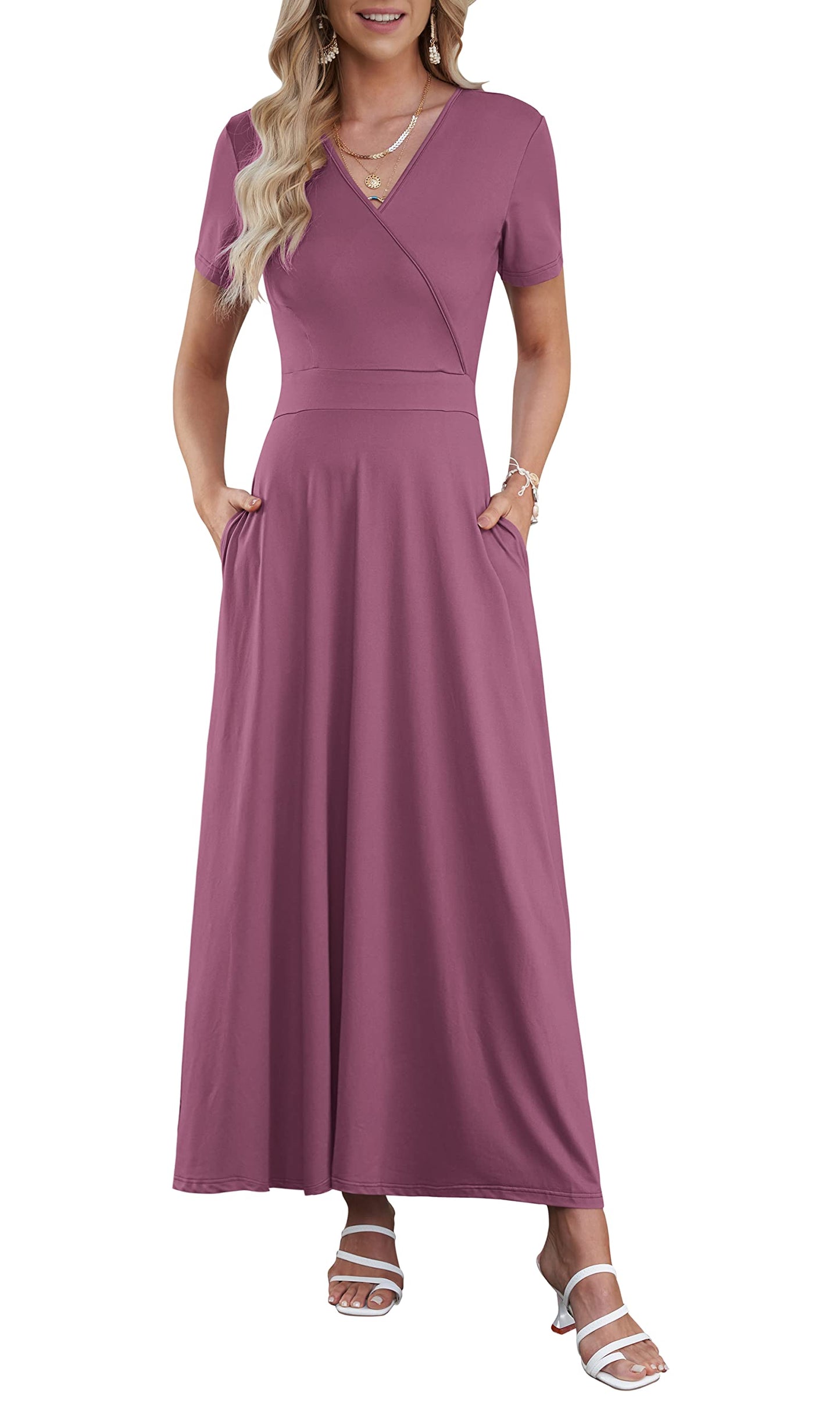 AUSELILY Maxi Dresses for Women Ankle Length Floral Print Beach Long Flowy Dress with Pockets