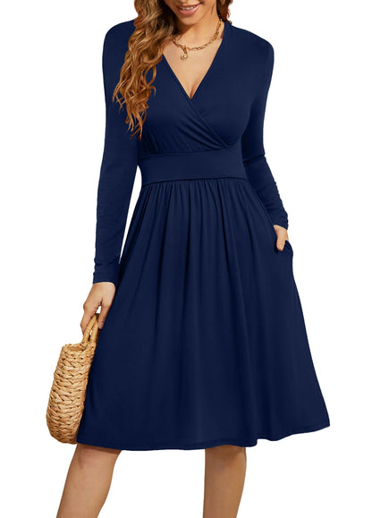 WEACZZY Women's 2026 Fall Long Sleeve Casual Dresses Wrap V-Neck Semi Formal Party Dress with Pockets