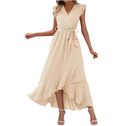 Women's Swiss Dot Dress Criss Cross V Neck Ruffle Wrap Dress Sleeveless Side Split Swing Flowy Long Maxi Dresses