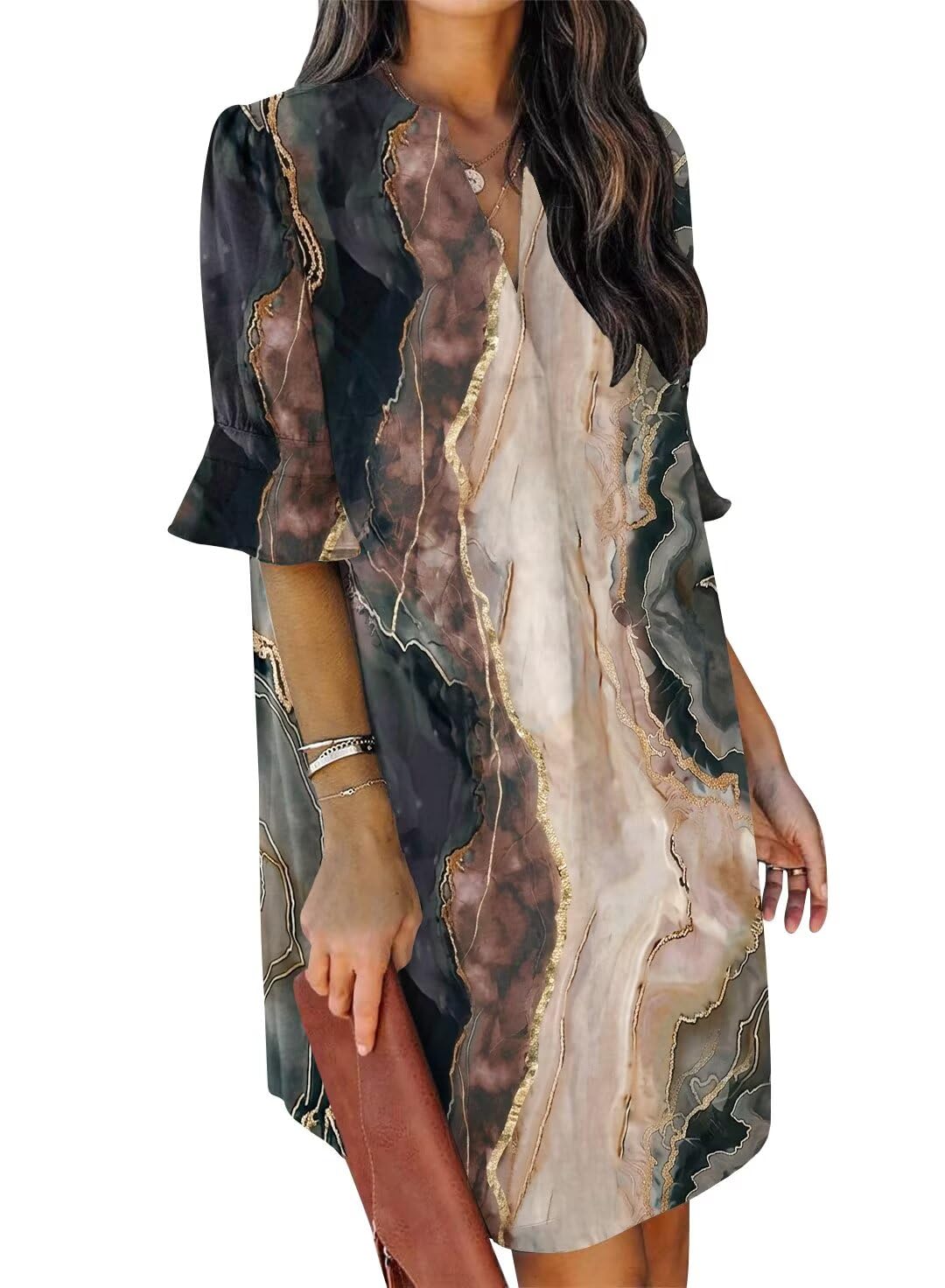QACOHU Summer Dresses for Women V Neck Ruffle Short Sleeve Casual Shift Dress