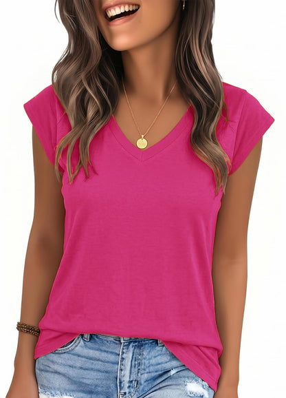 YEXIPO Womens Tops Cap Sleeve T Shirts 2026 Summer Casual Loose Fit V Neck Shirts Cute Trendy Beach Vacation Clothes