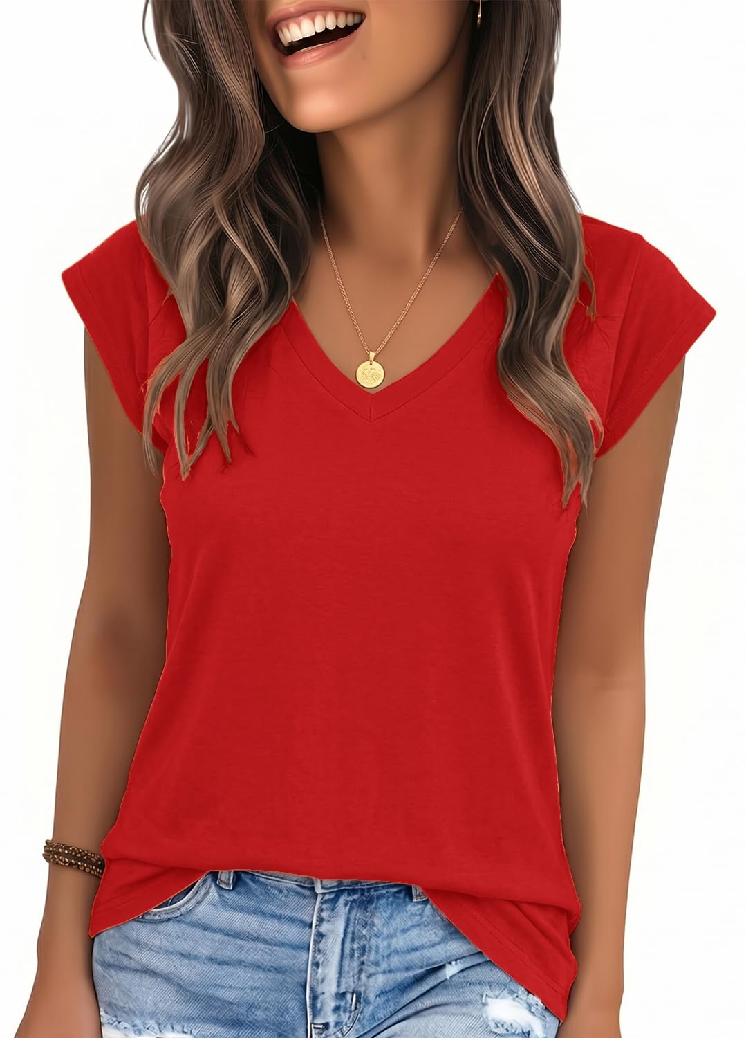 YEXIPO Womens Tops Cap Sleeve T Shirts 2026 Summer Casual Loose Fit V Neck Shirts Cute Trendy Beach Vacation Clothes