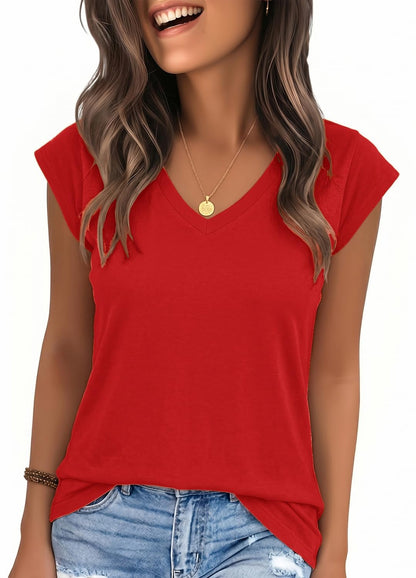YEXIPO Womens Tops Cap Sleeve T Shirts 2026 Summer Casual Loose Fit V Neck Shirts Cute Trendy Beach Vacation Clothes