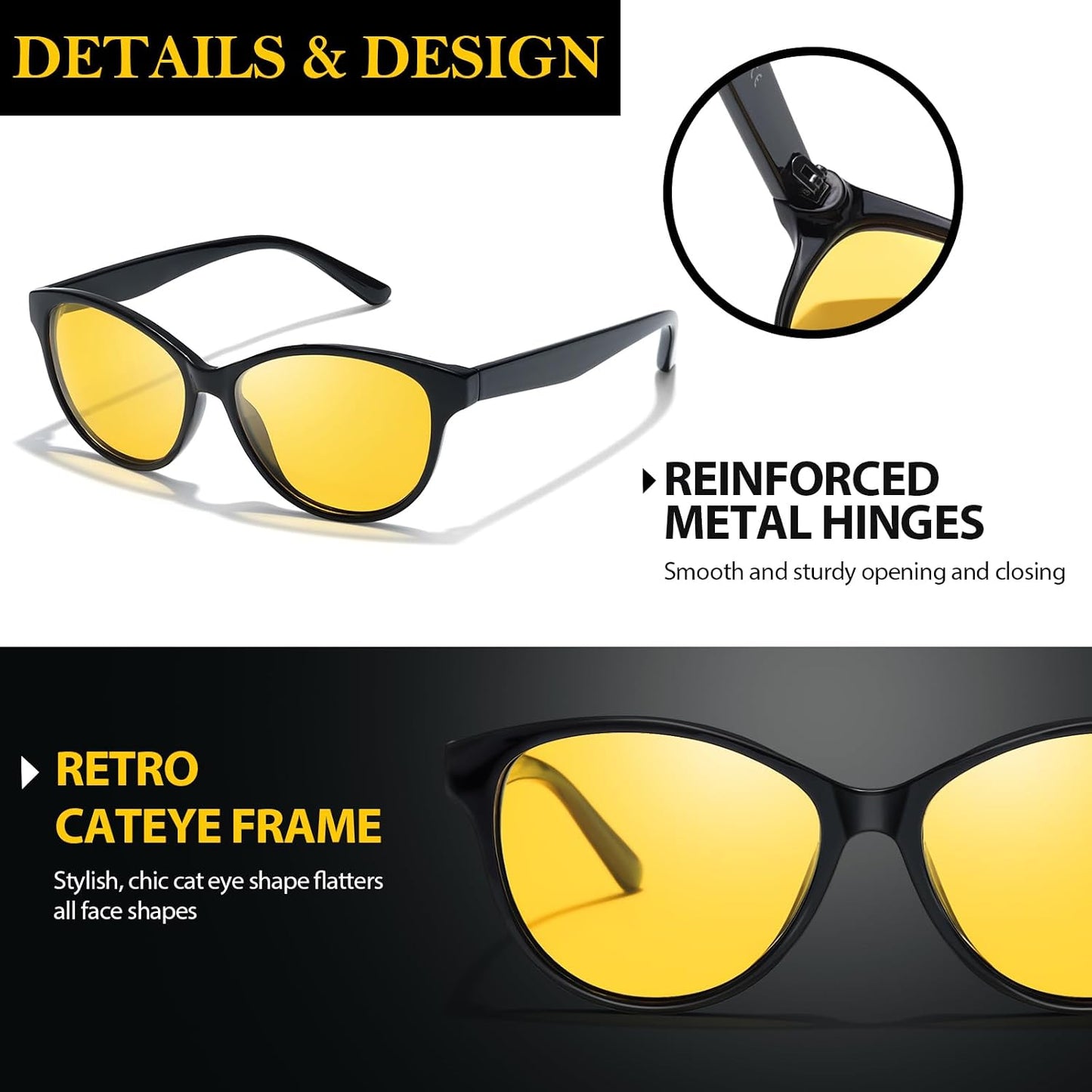 TJUTR Women’s Night Vision Driving Glasses, Polarized Yellow Tint Anti Glare Eyewear for Nighttime Driving TN2572