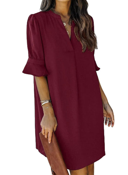 QACOHU Summer Dresses for Women V Neck Ruffle Short Sleeve Casual Shift Dress