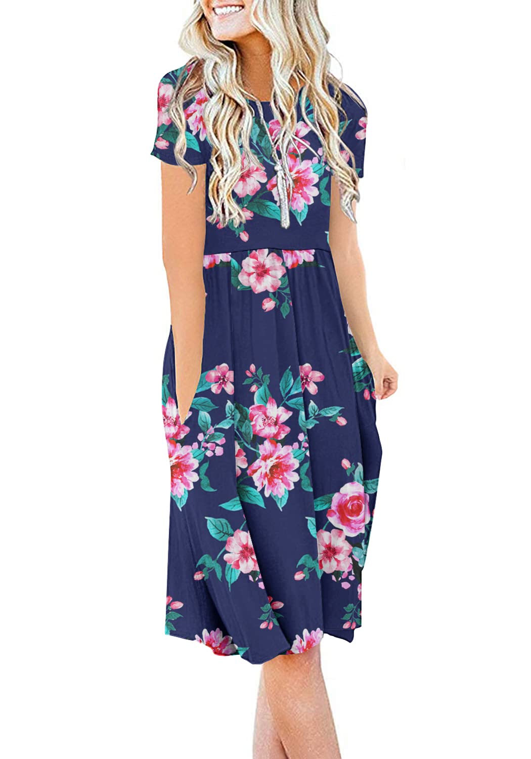 DB MOON Women Summer Casual Short Sleeve Dresses Empire Waist Dress with Pockets