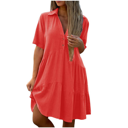 Women's Pleated Flowy T Shirt Dresses Plus Size V Neck Button Up Short Sleeve Midi Dress Loose Fit Tiered Sundress